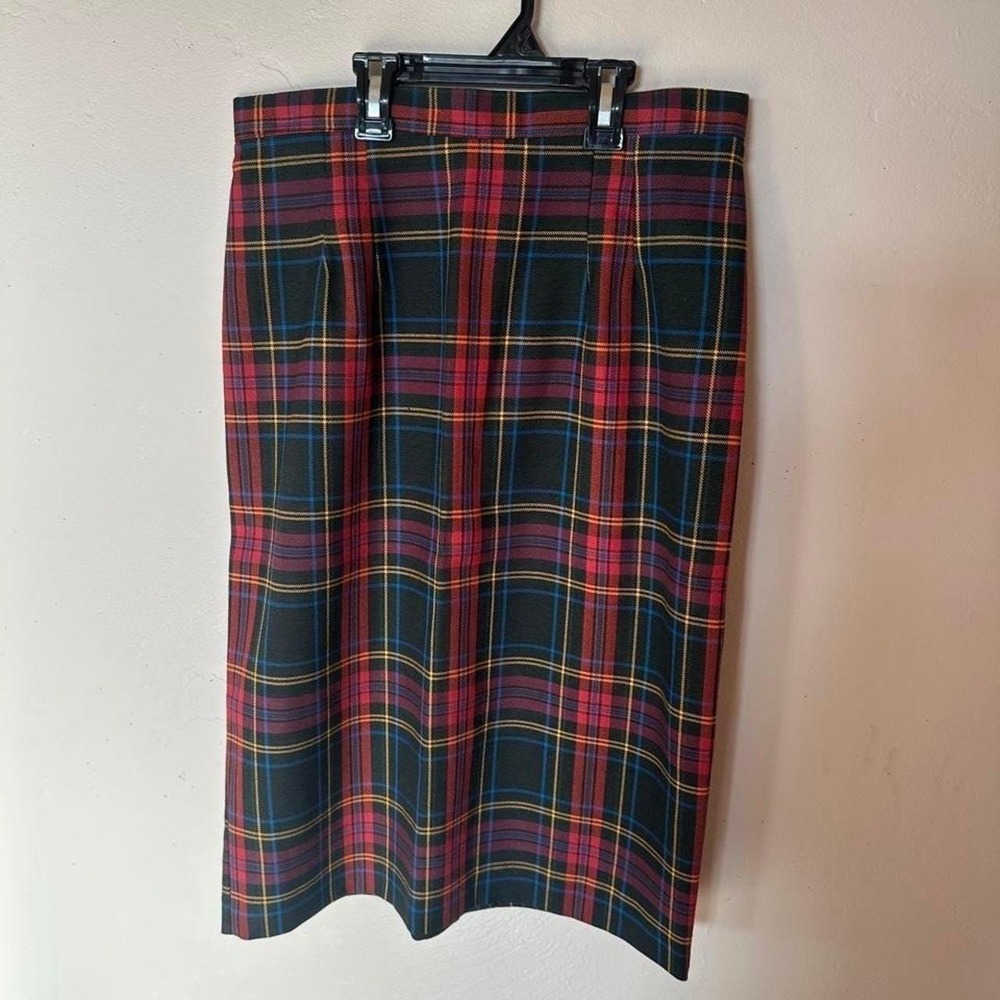 Vintage 70s Bill Blass red, blue, and yellow plaid polyester & rayon midi skirt